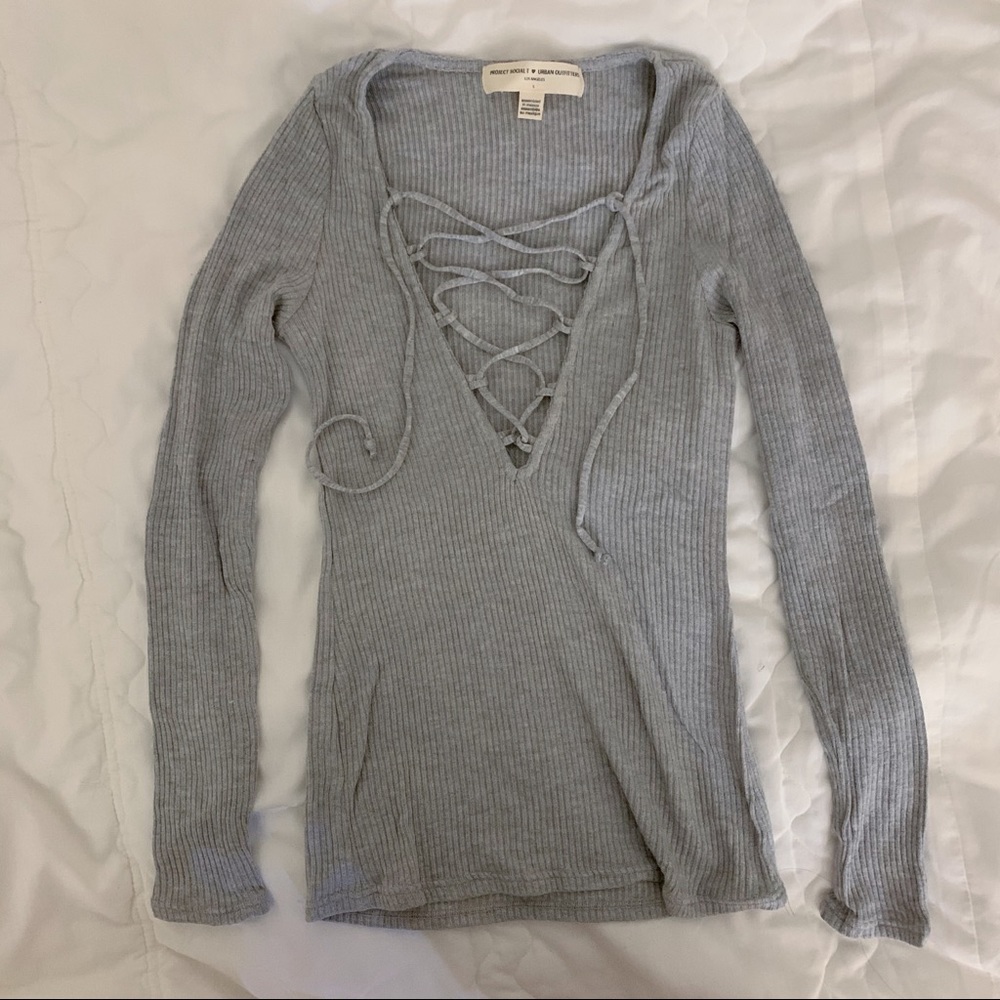 UO ribbed long sleeve lace up shirt